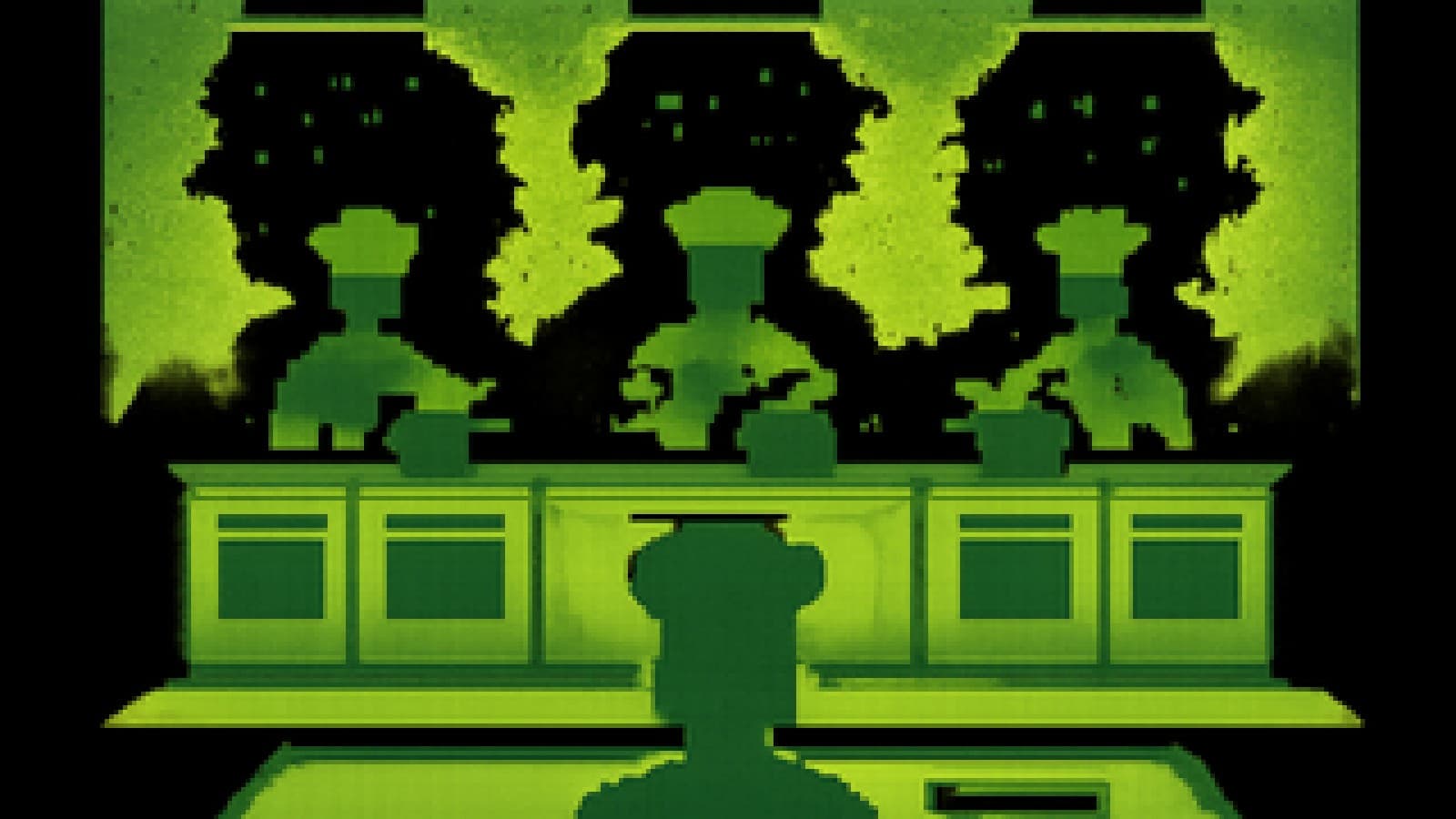 Pixel-art cooking show stage with three bubbling test kitchens and a judge's table holding a golden spoon