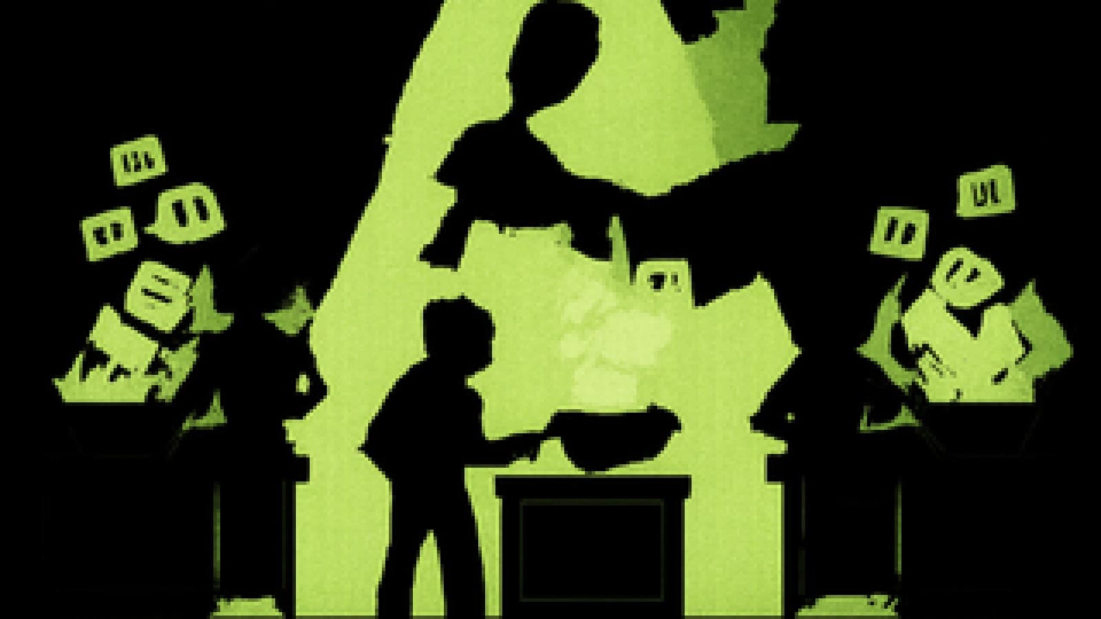 Pixel-art cooking competition stage with three test kitchens, one under a spotlight, steam rising as glowing cubes