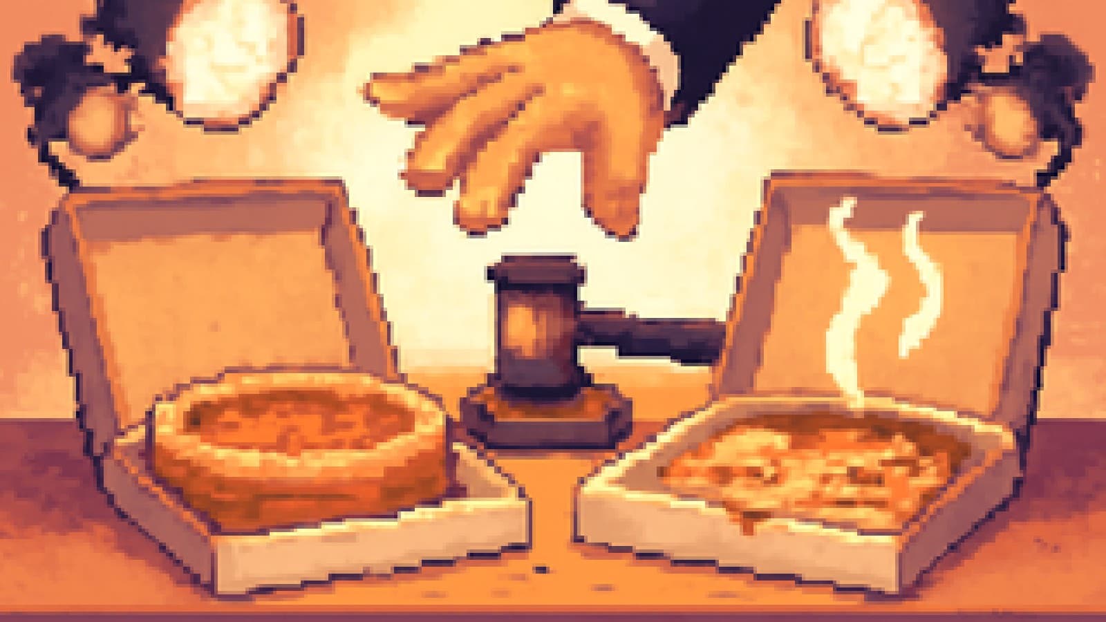 Pixel-art judging table with a thick pan pizza and a thin delivery pizza facing off under studio lights.