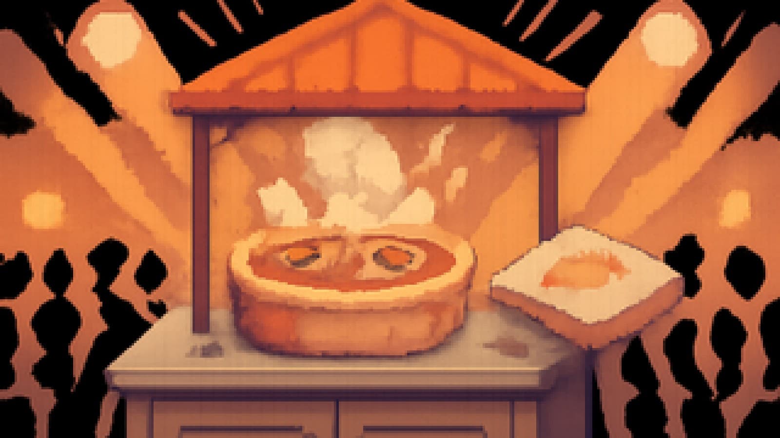 Pixel-art kitchen showdown where a big pan pizza shoves a delivery pizza box off the serving counter.