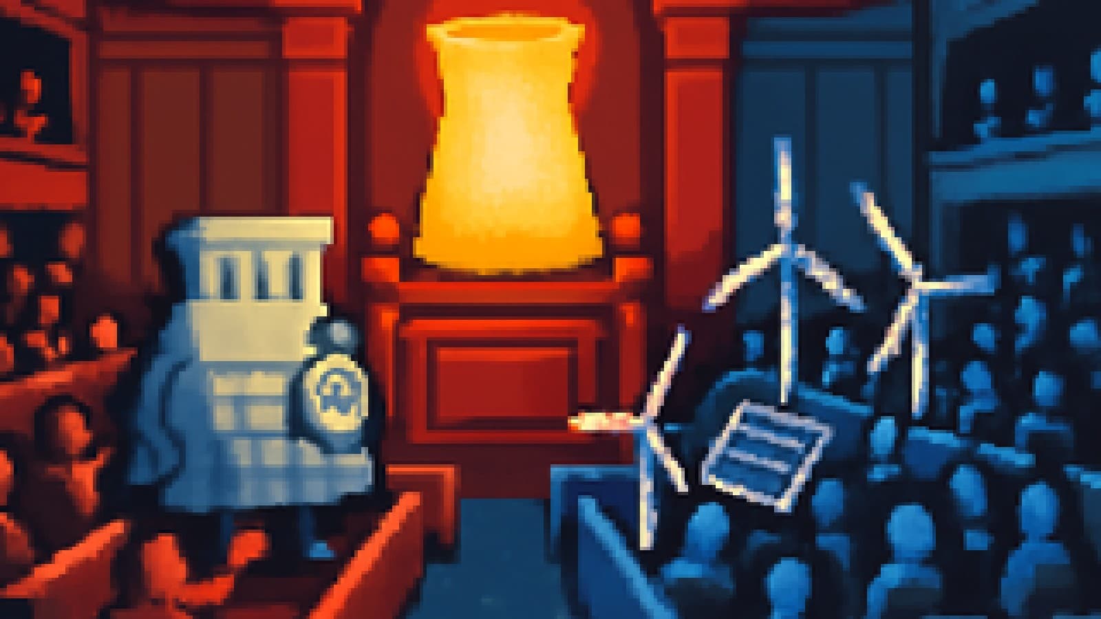 Pixel-art parliament with a nuclear cooling tower on a throne, a dam with a silver medal, and wind turbines and solar panels in the gallery