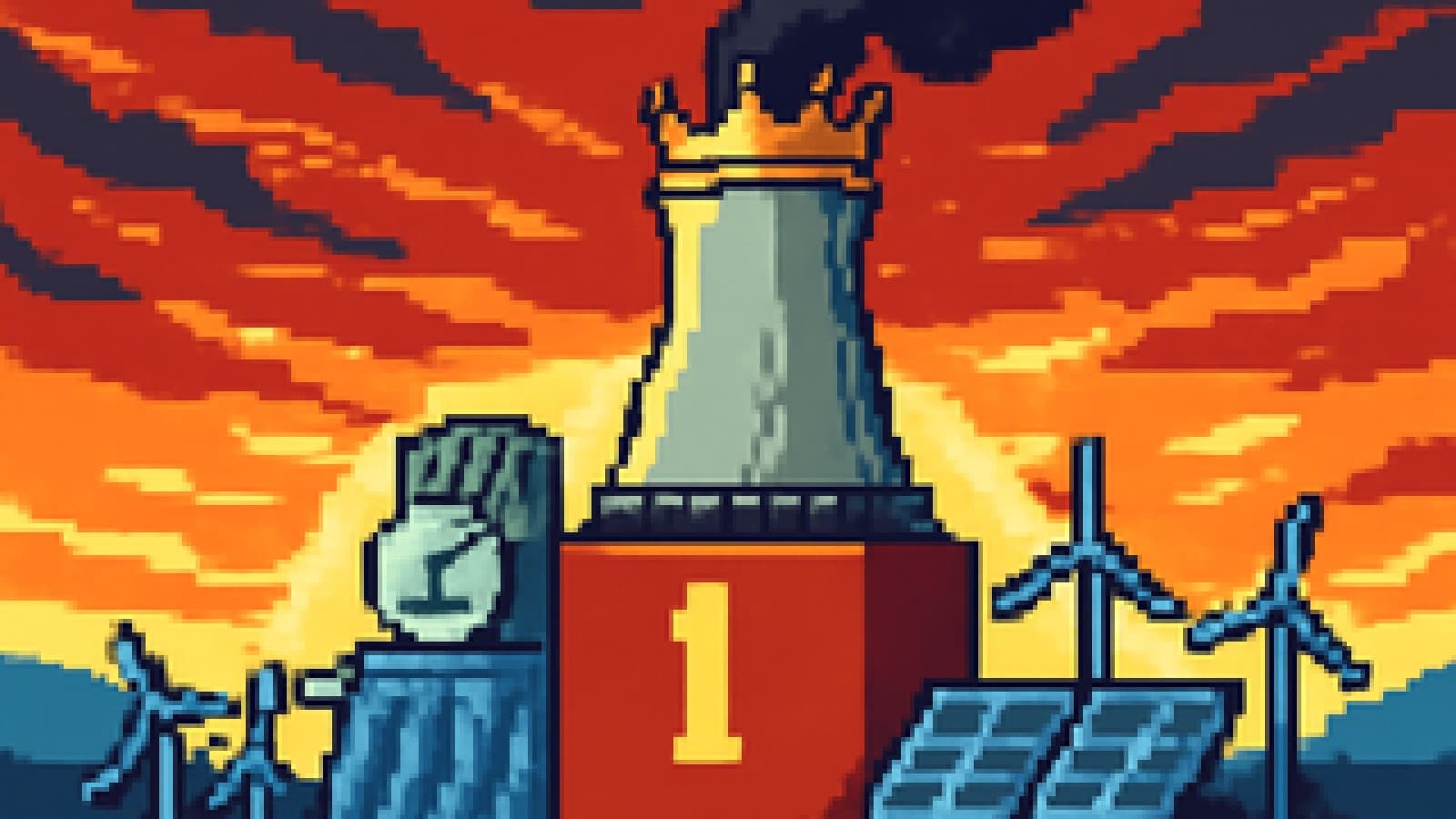 Pixel-art crowned nuclear cooling tower on a podium next to a hydroelectric dam with a silver medal, wind turbines and solar panels below