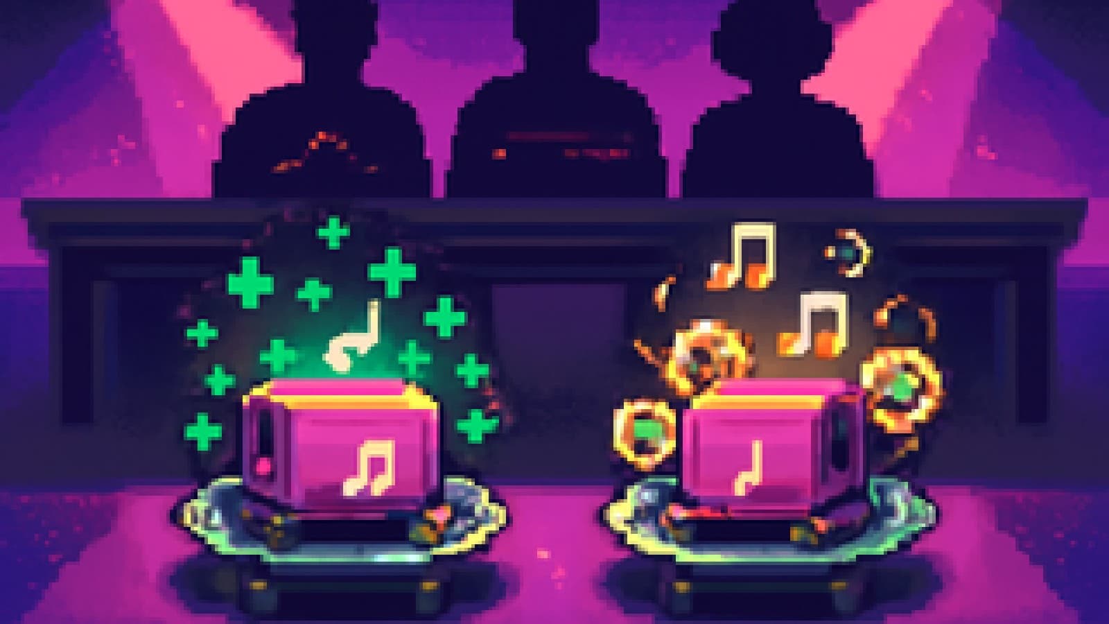 Pixel-art cook-off stage with two music boxes on silver platters, one wrapped in crystal sparkles and one in clock gears, musical notes rising like steam.