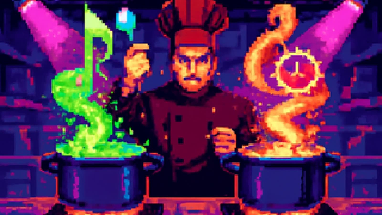 Pixel-art cooking show kitchen with a judge tasting from two pots whose steam curls into musical notes, one green and crystalline, one made of clock gears.
