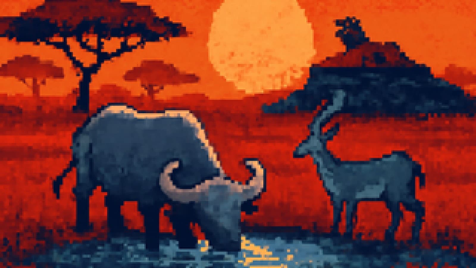 Pixel-art savanna scene at sunset with an old bull at a waterhole, an antelope behind it and a lion on a far rock.