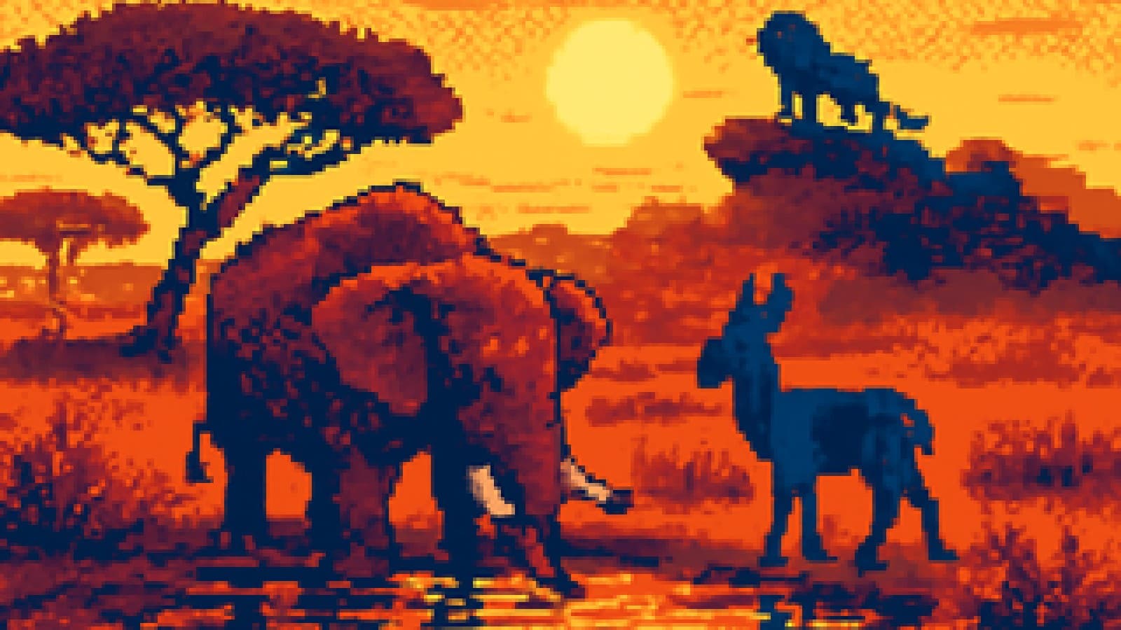 Pixel-art savanna at sunset with an old bull drinking at a waterhole while an antelope and a distant lion look on.