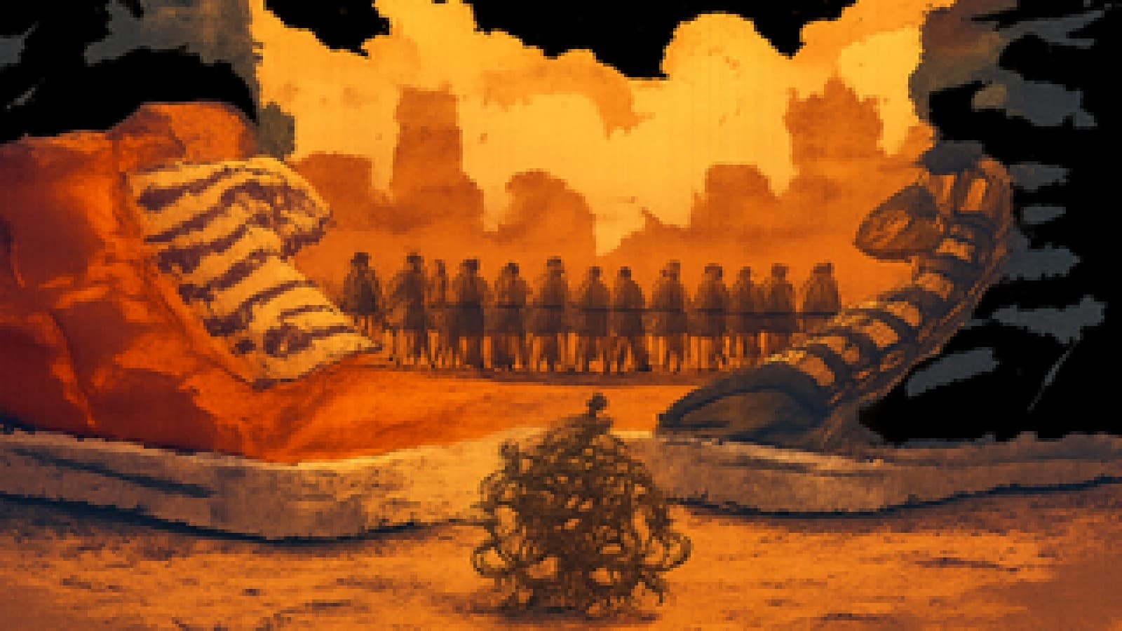 two oversized pixel-art sneakers facing off on a sidewalk like cowboys while a small crowd watches