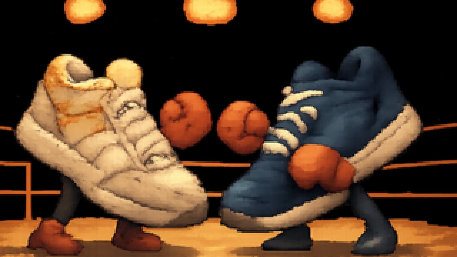 two cartoon sneakers in boxing gloves facing each other in a pixel-art boxing ring