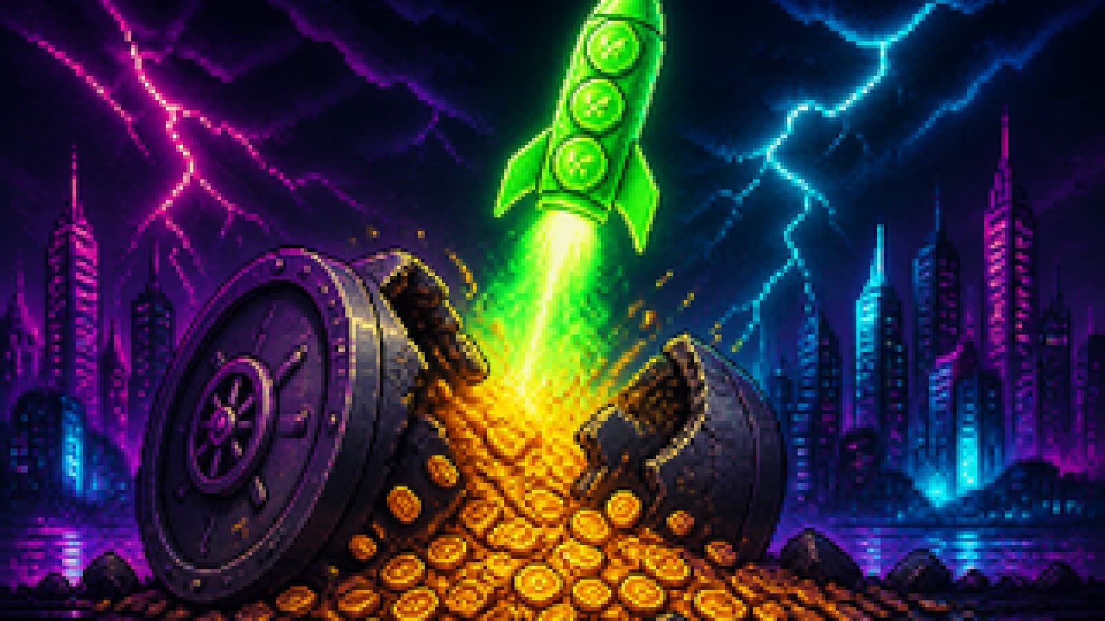 A rocket made of coins launching out of a broken vault, standing for a crowd that reads a record hack as bullish