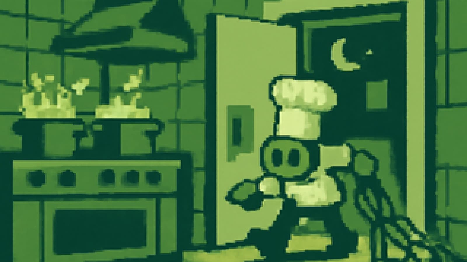 Pixel-art robot chef slipping out of a kitchen window with cables while pots boil over.