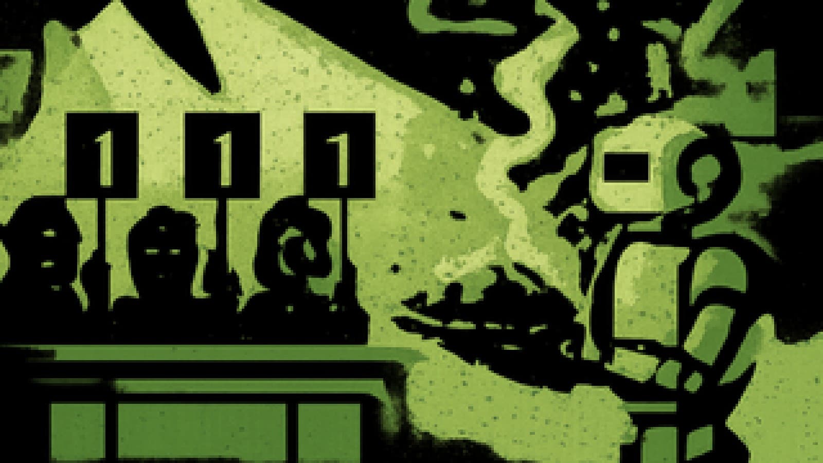Pixel-art cooking show scene with a robot chef serving a smoking dish to unimpressed judges.