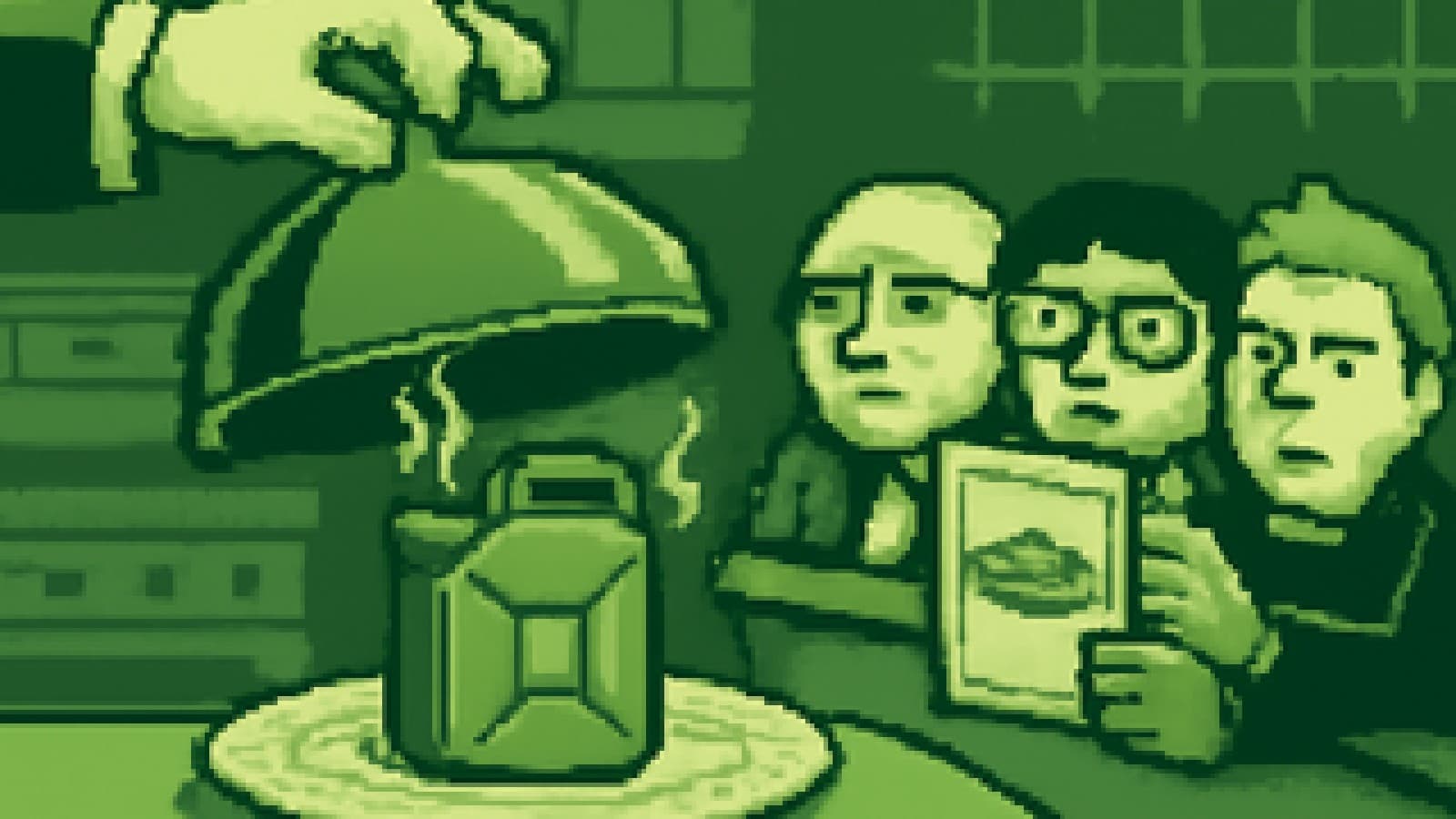 Pixel-art cooking show where judges look at a diesel can served on a plate while holding a menu showing a toy tank.
