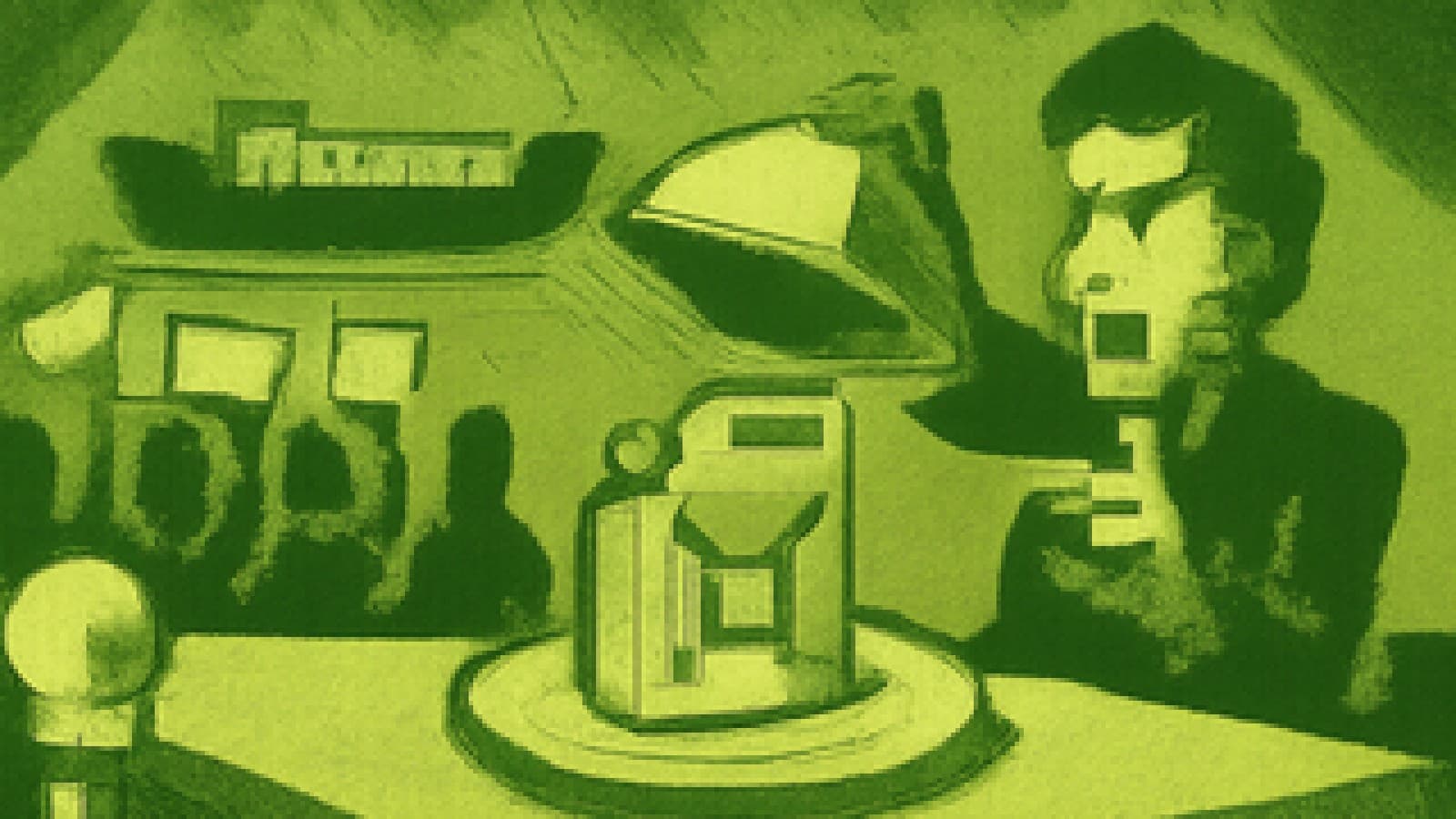 Pixel-art cooking show judge uncovering a diesel can on a plate while diners wave napkins and a tanker ship floats in a soup pot.