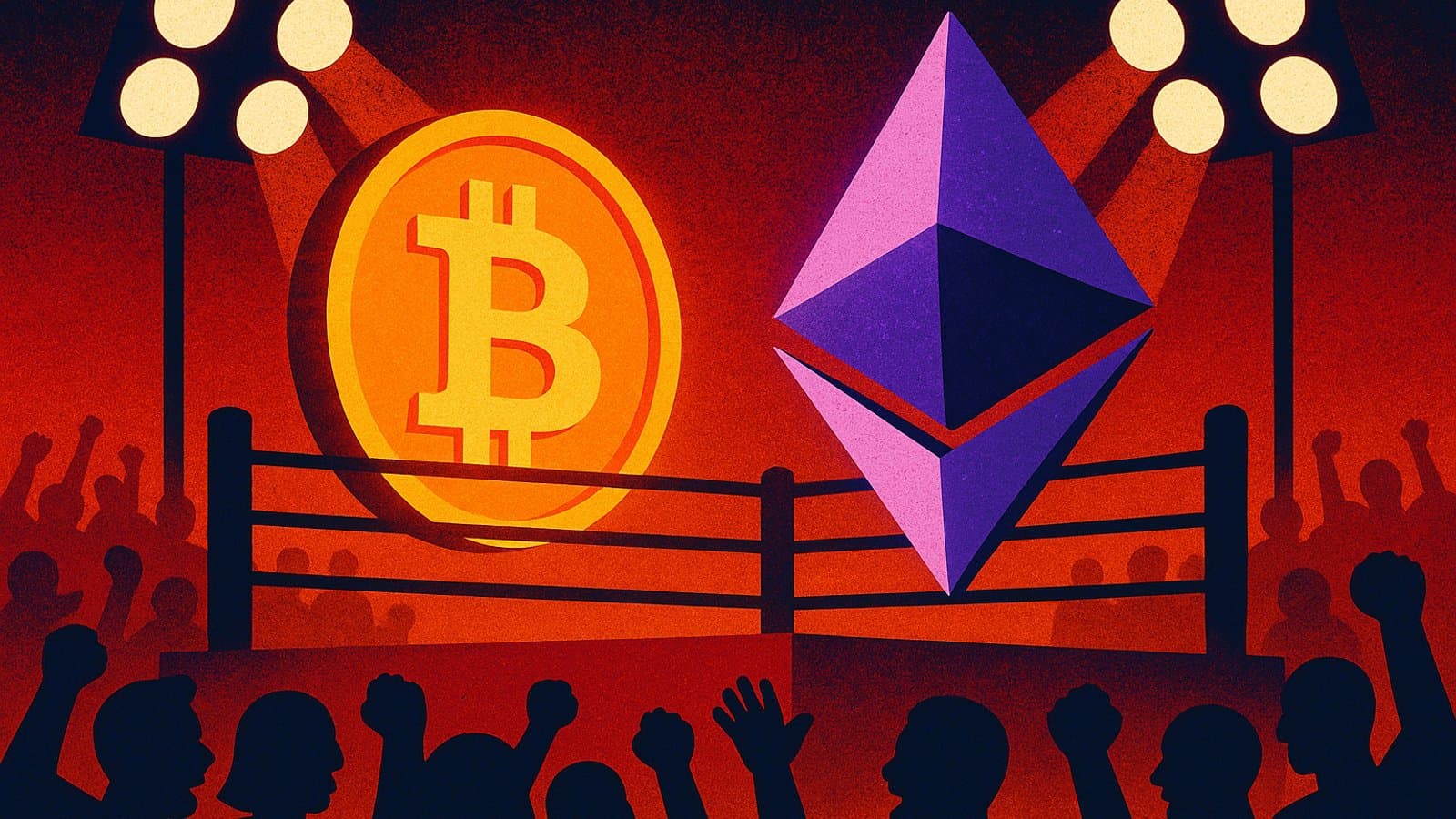 An orange Bitcoin-style coin and a purple Ethereum-style crystal face off in a boxing ring