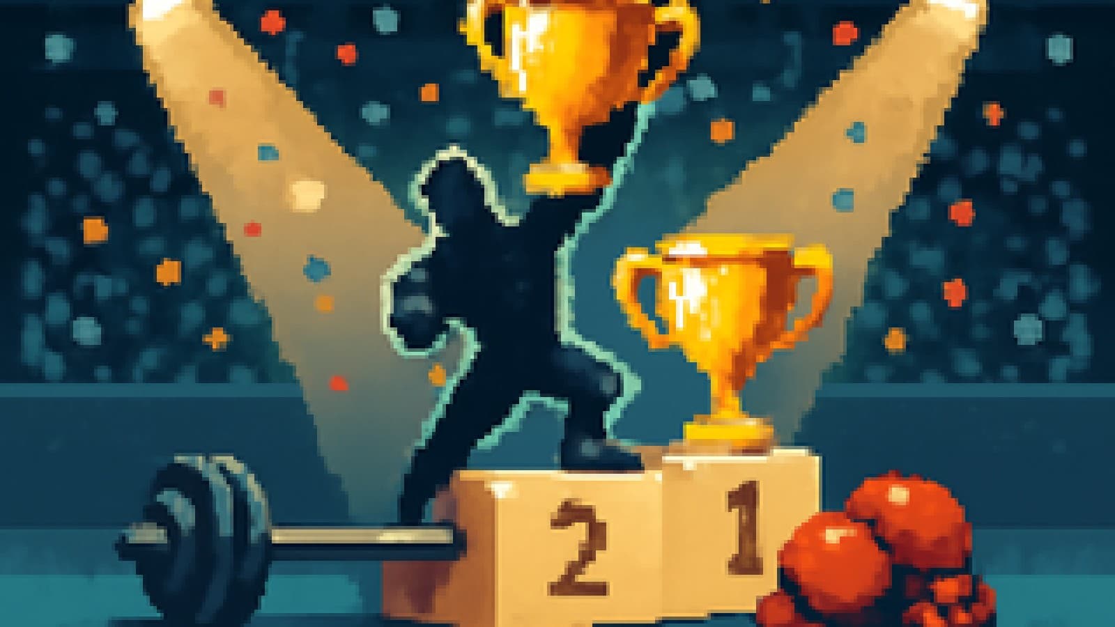 A champion's podium with a golden trophy raised above a rival trophy, surrounded by gym equipment and confetti