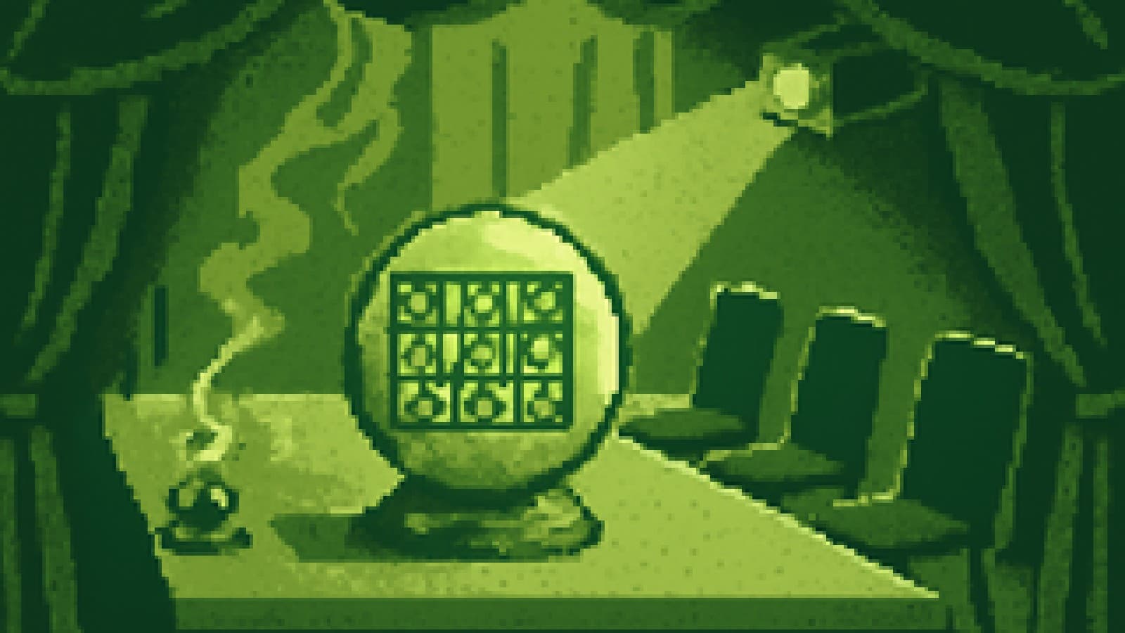Pixel-art crystal ball on a conference table showing a grid of video-call faces inside a smoky tent.