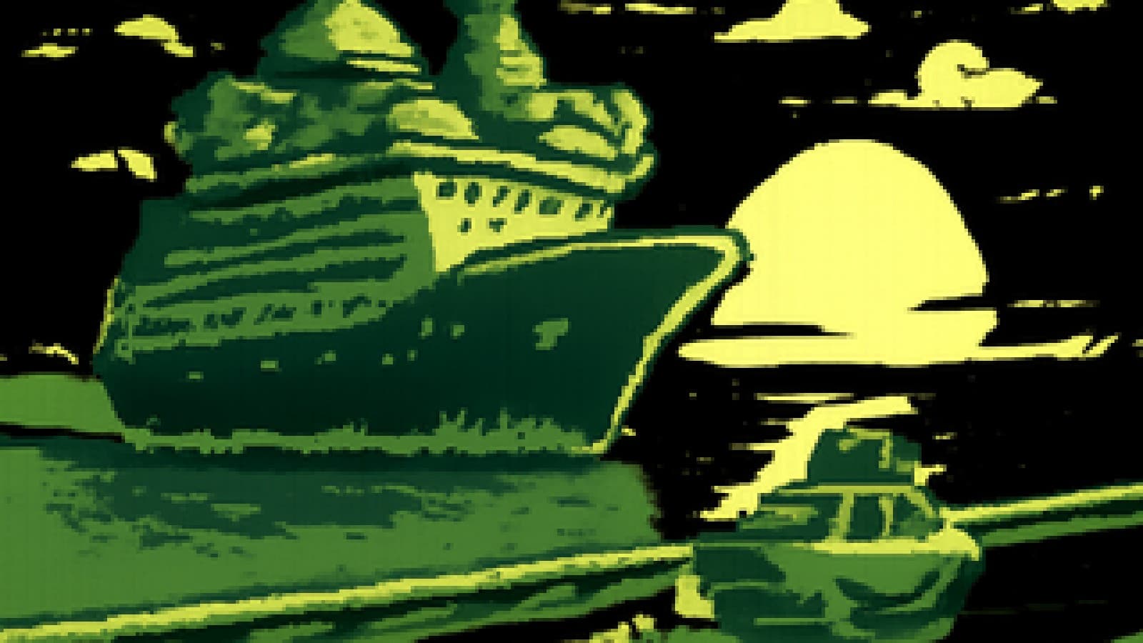 Pixel-art cruise ship shaped like a buffet racing a small car with a picnic basket on its roof along a coastal road at sunset