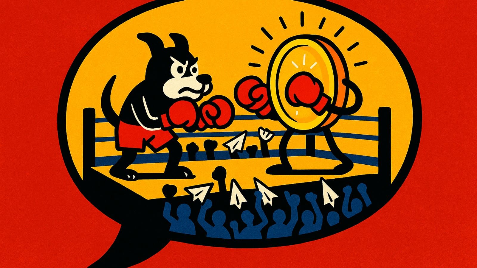 A cartoon dog in boxing gloves squares off against a glowing gold coin in a boxing ring inside a chat bubble.