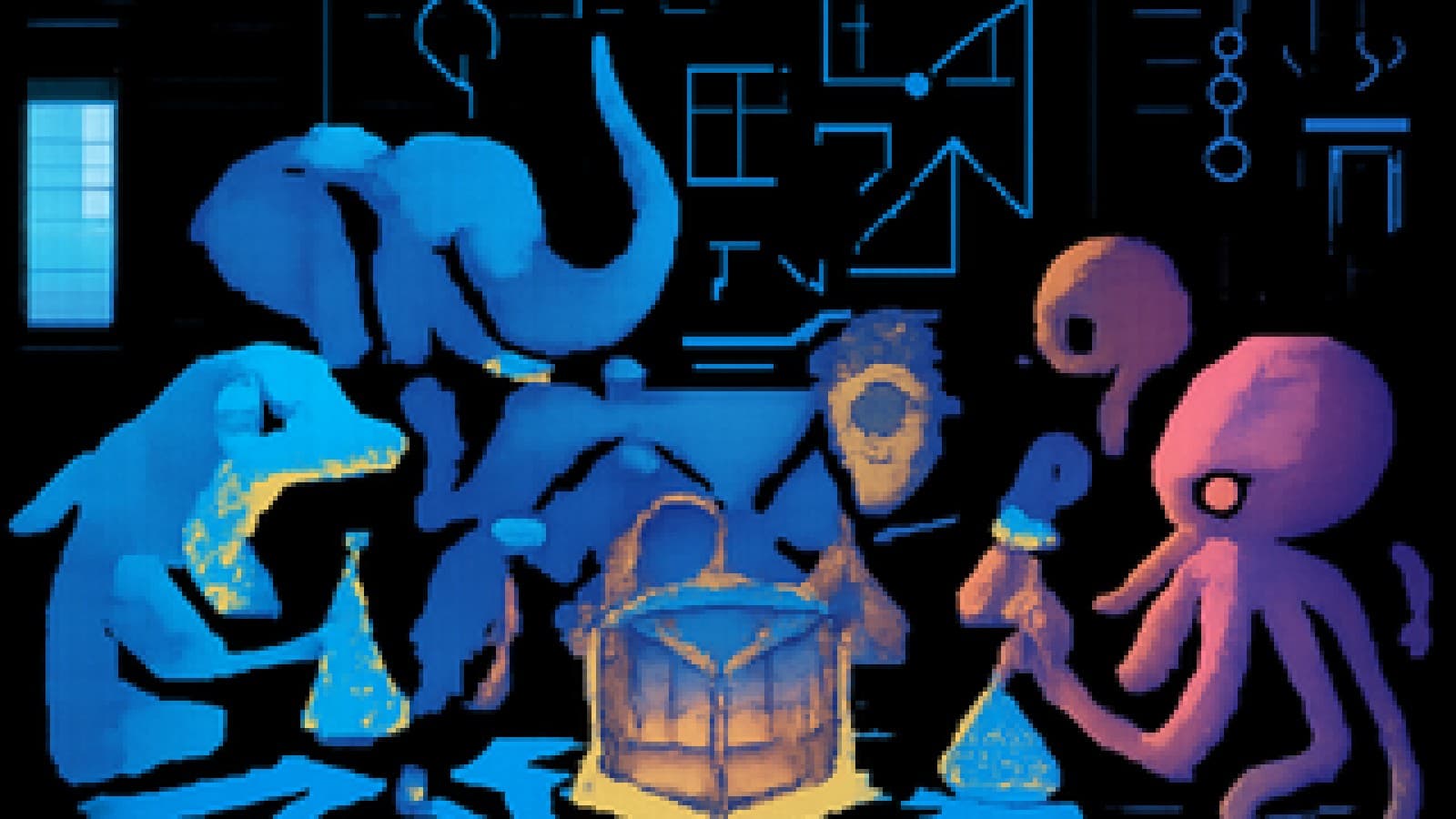 Cartoon of a dolphin, elephant, crow, chimp and octopus competing to solve a puzzle in a science lab