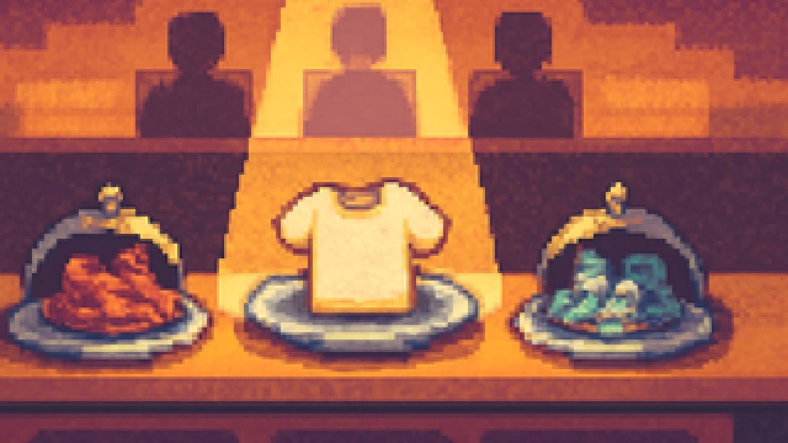 Pixel art of a folded white T-shirt on a spotlit silver platter, with sneakers on dimmer plates beside it.