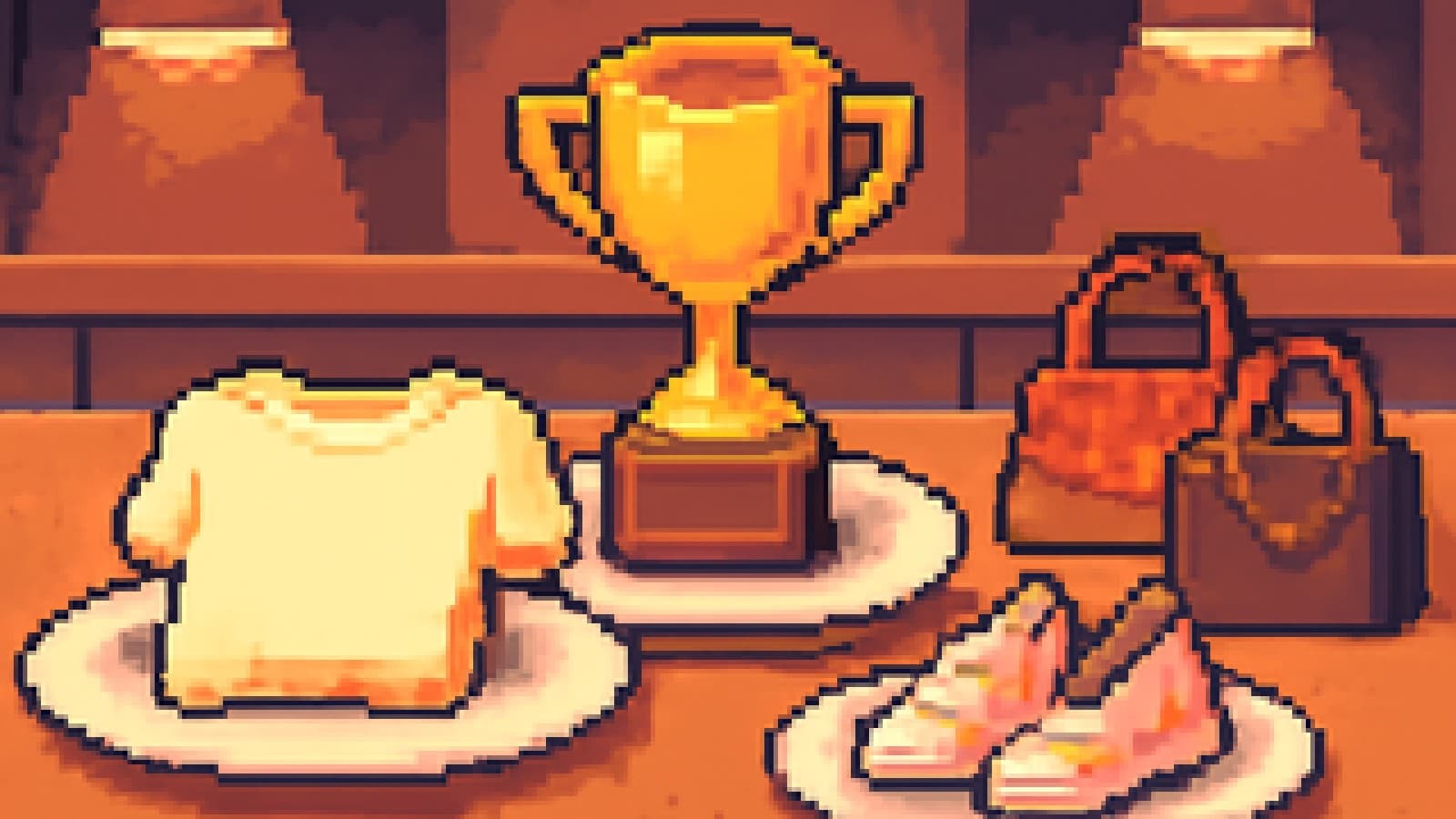 Pixel art of a cooking-show judging table where a plain folded T-shirt wins a golden trophy over sneakers and fashion bags.
