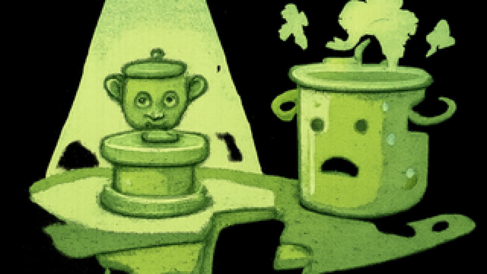 Pixel art of a small island-themed pot crowned on a pedestal while a huge stockpot looks on in shock.