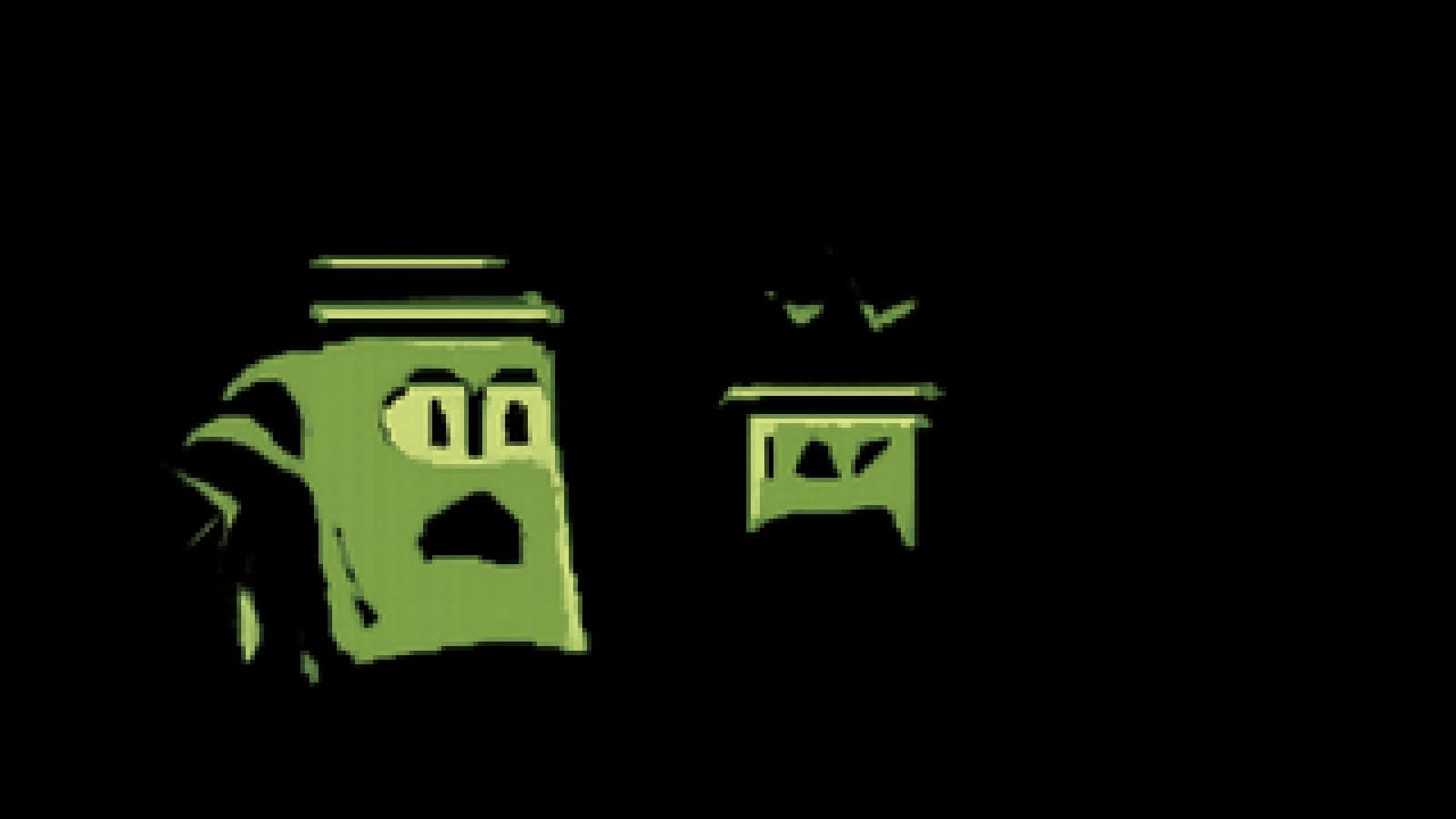 Pixel art of a small crowned pot on a cooking-show podium beside a shocked giant stockpot.