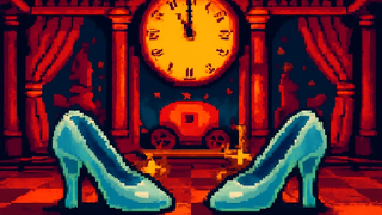Pixel-art ballroom with two glass slippers squaring off under a clock about to strike midnight.