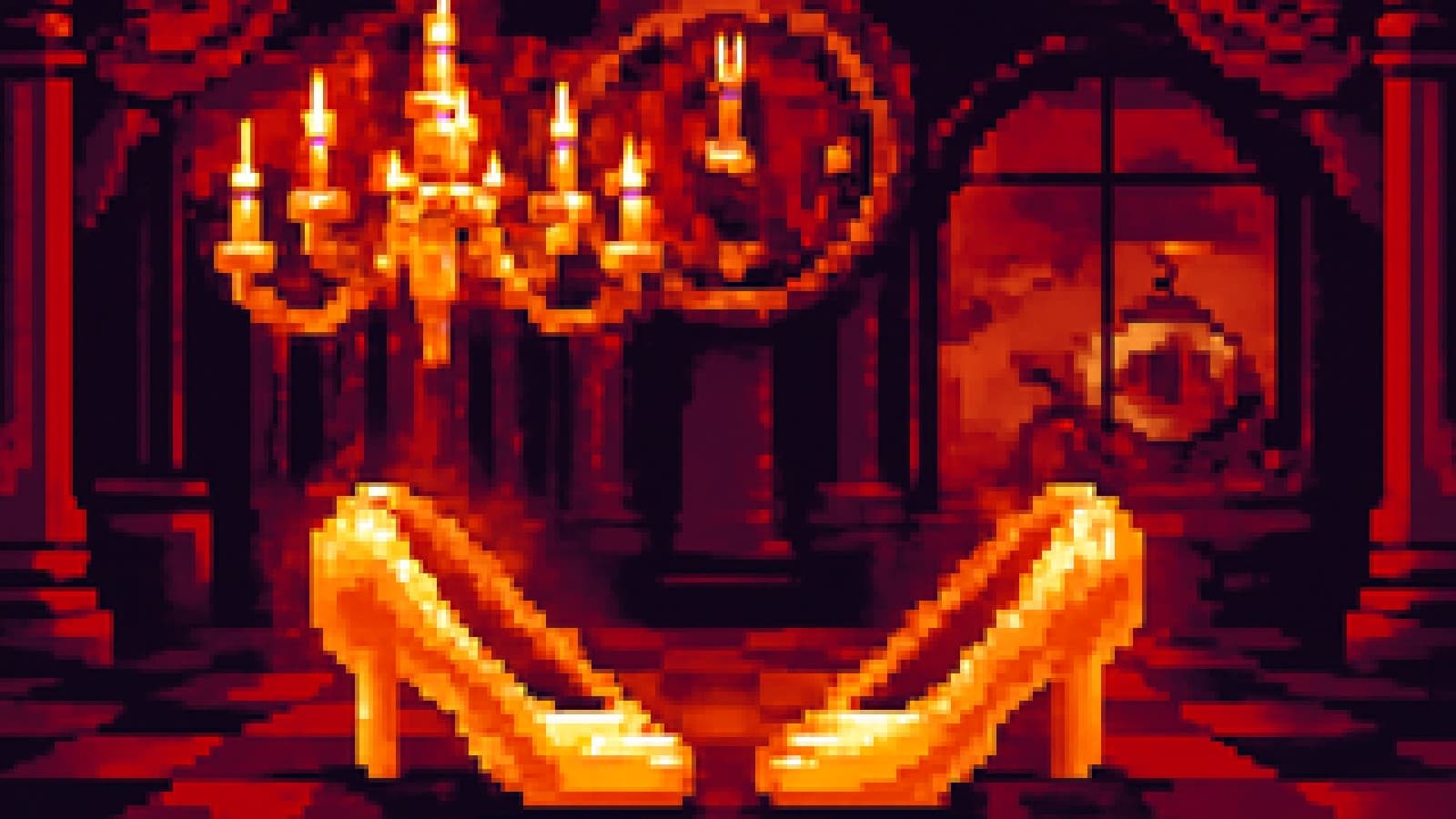 Pixel-art illustration of two glass slippers in a standoff in a royal ballroom near midnight.