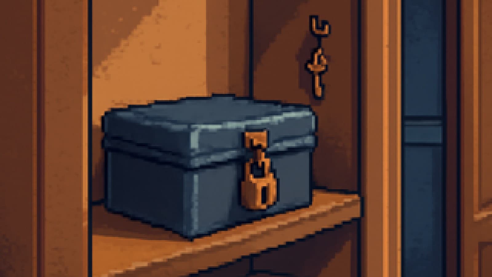 Pixel-art illustration of a closed steel lockbox on a shelf in a calm home hallway, with a key on a high hook.