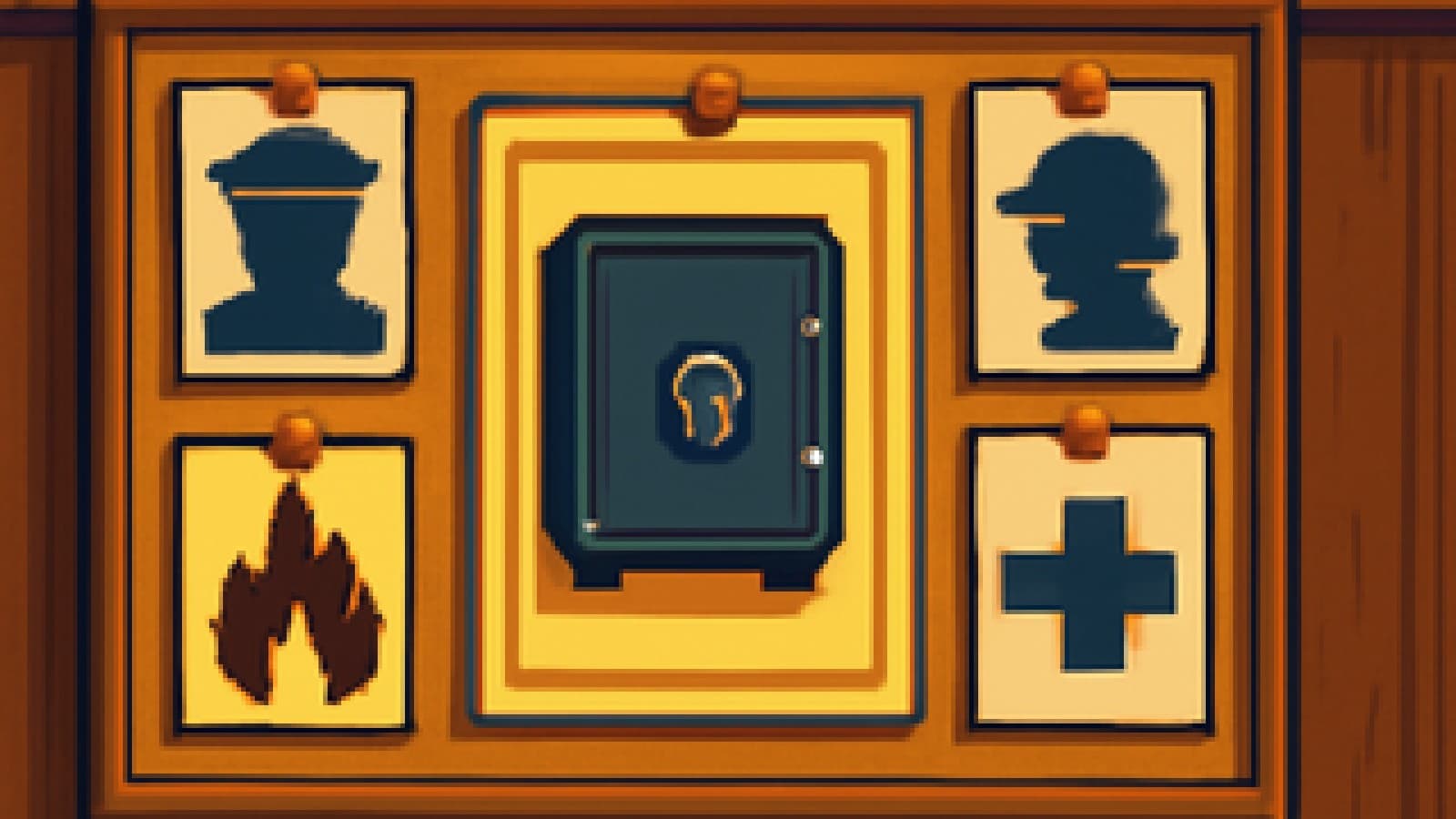 Pixel-art community noticeboard showing five blank safety posters, the most prominent one featuring a locked steel box.