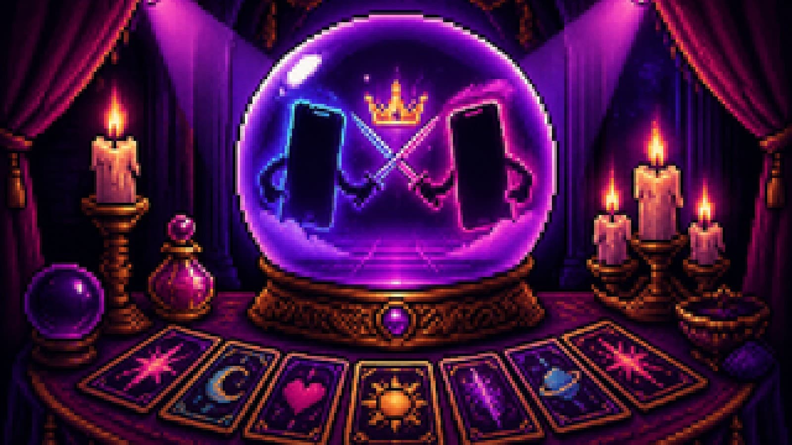 A crystal ball showing two rival glowing apps locked in a standoff over a tiny crown
