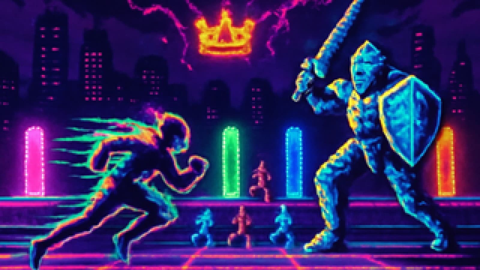 Pixel-art arena where a fast runner races a diamond knight toward a floating crown while three other fighters wait.