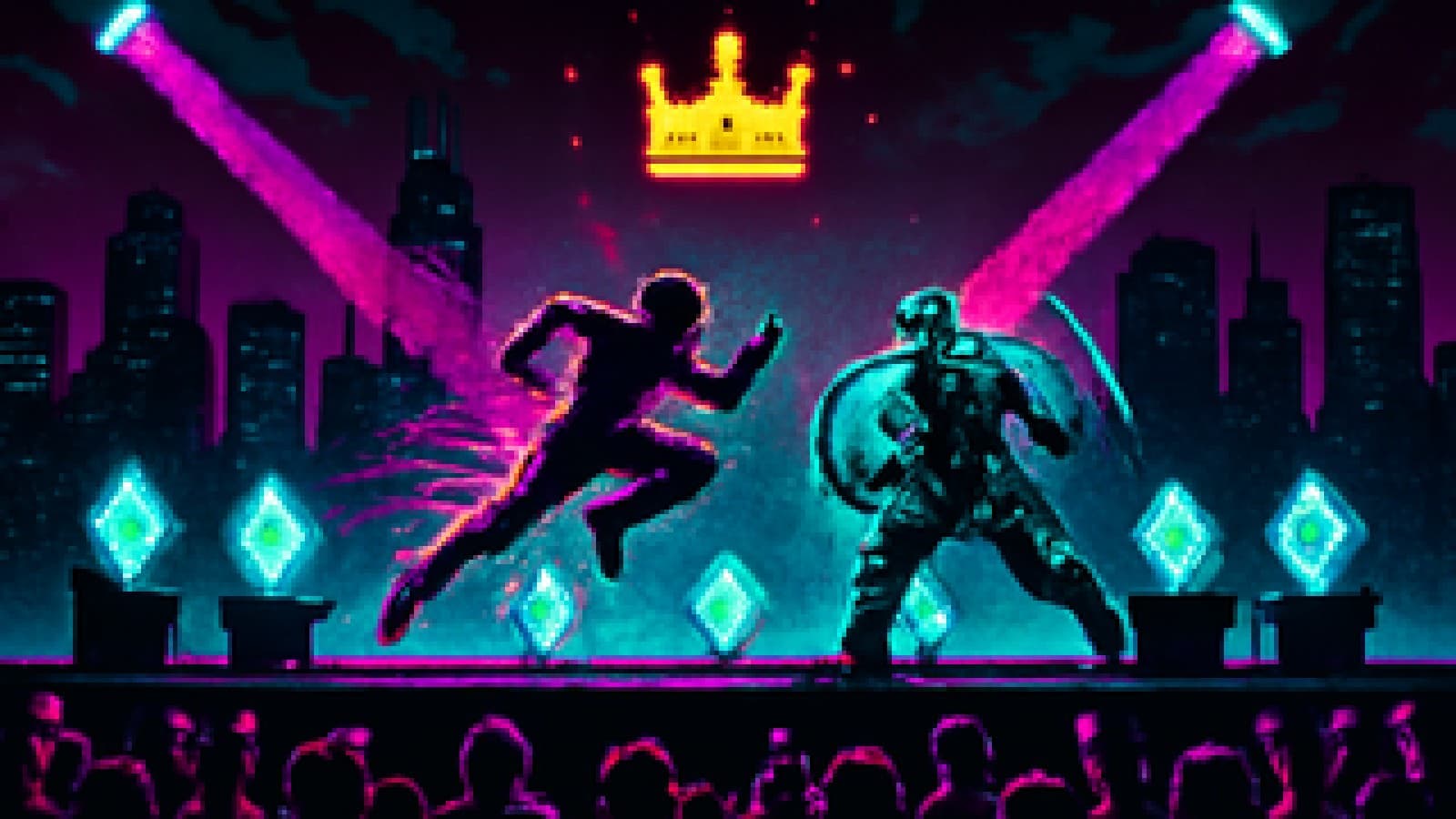 Pixel-art stage where a speedy runner races a diamond knight toward a floating crown as three other crystal podiums glow nearby.
