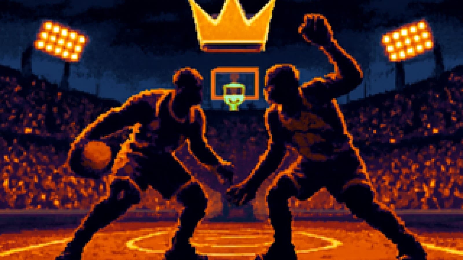 Two basketball legends in silhouette face off beneath a golden crown above the hoop