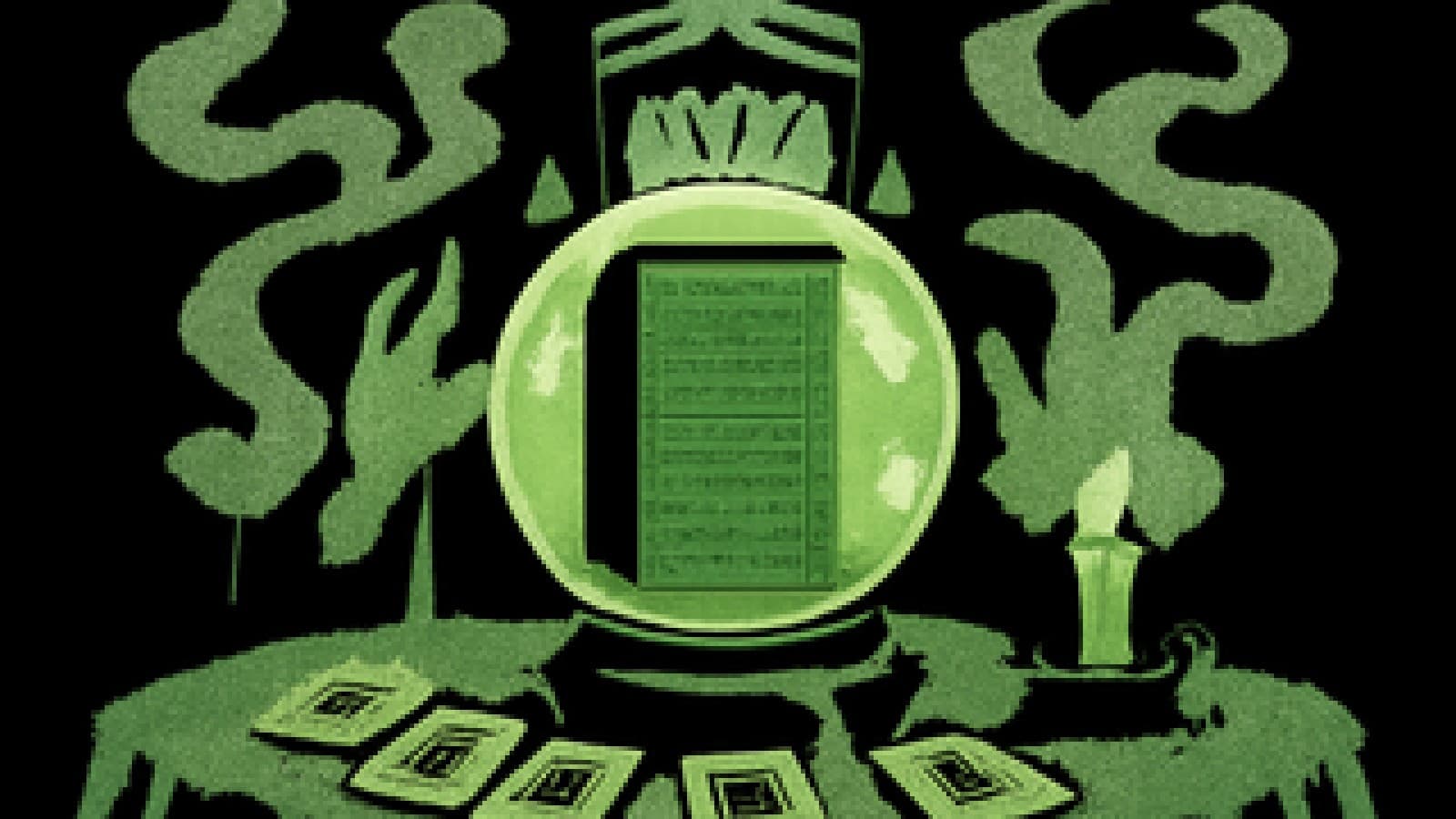 Pixel-art crystal ball showing a glowing server rack, with a small candle and tarot cards on a velvet table.