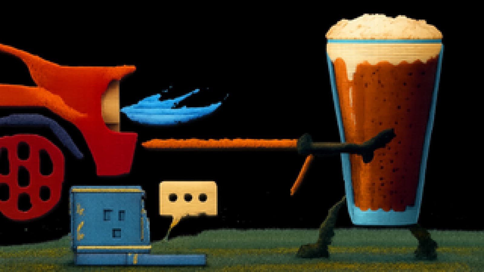 Pixel-art illustration of a racing exhaust pipe and a glass of nitro cold brew in a tug-of-war, with a laptop and chat bubble looking on.