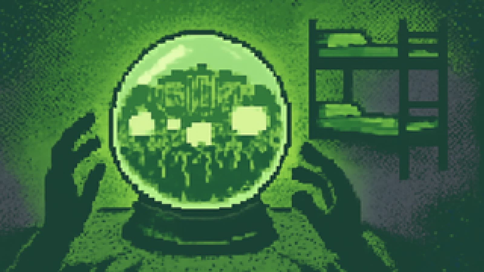 Crystal ball showing a campus protest scene, with a bunk bed fading into mist