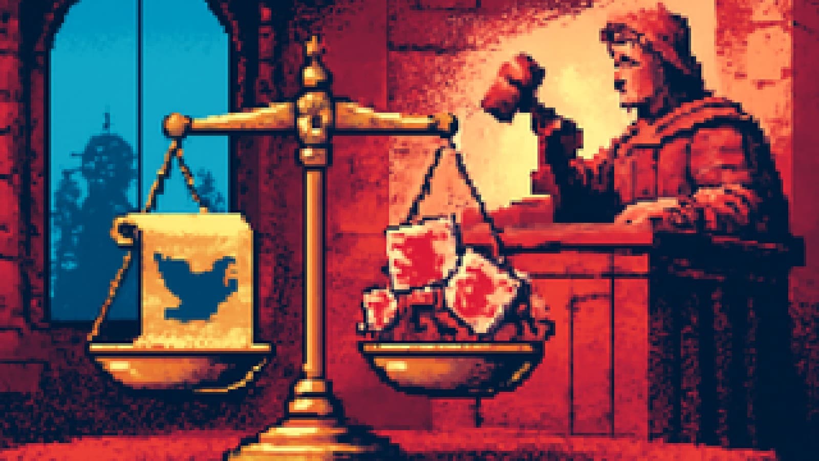 Pixel-art scene of a robed judge in a stone hall striking a gavel as a scale tips toward a scroll with a dove and away from a heap of crumpled posters, with onion domes visible through the window.