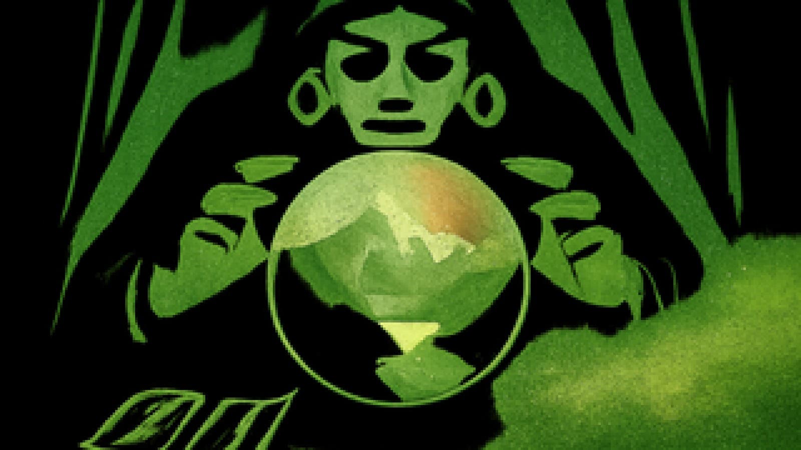 Crystal ball showing Alpine mountains with a foggy fjord fading in the background on a fortune teller's table.