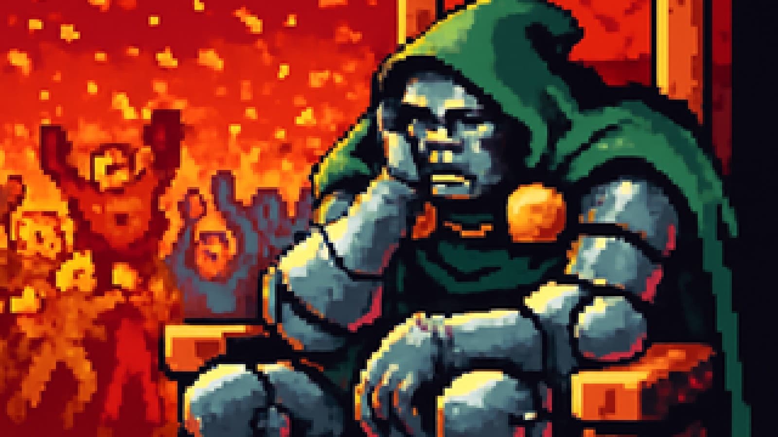 pixel-art armored villain in a green cloak sulking on a throne while tiny heroes celebrate behind him