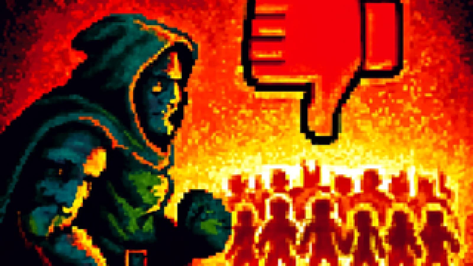 pixel-art armored villain in green cloak facing a crowd of heroes under a giant thumbs-down reaction