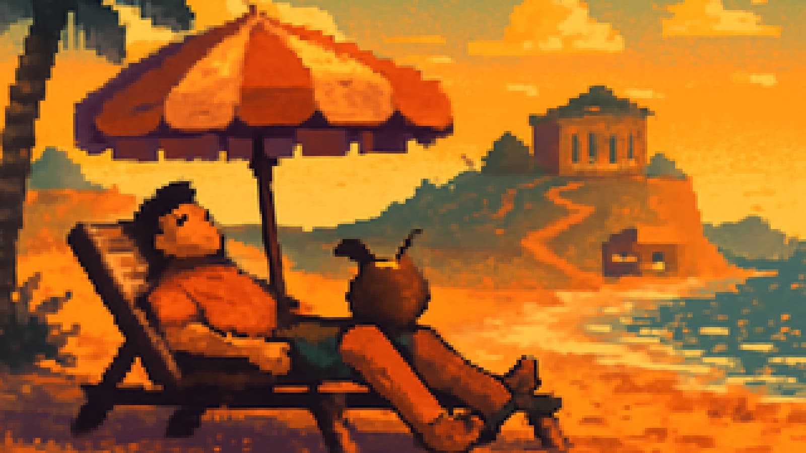 pixel art of a person napping on a beach lounger with a museum on a distant hill in the background
