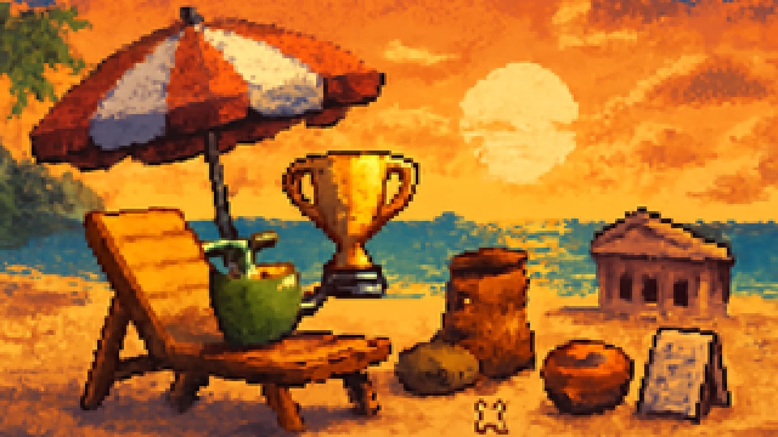 pixel art of a beach lounger holding a trophy, with other travel styles shown as a museum, hiking boot, food bowl and itinerary looking on