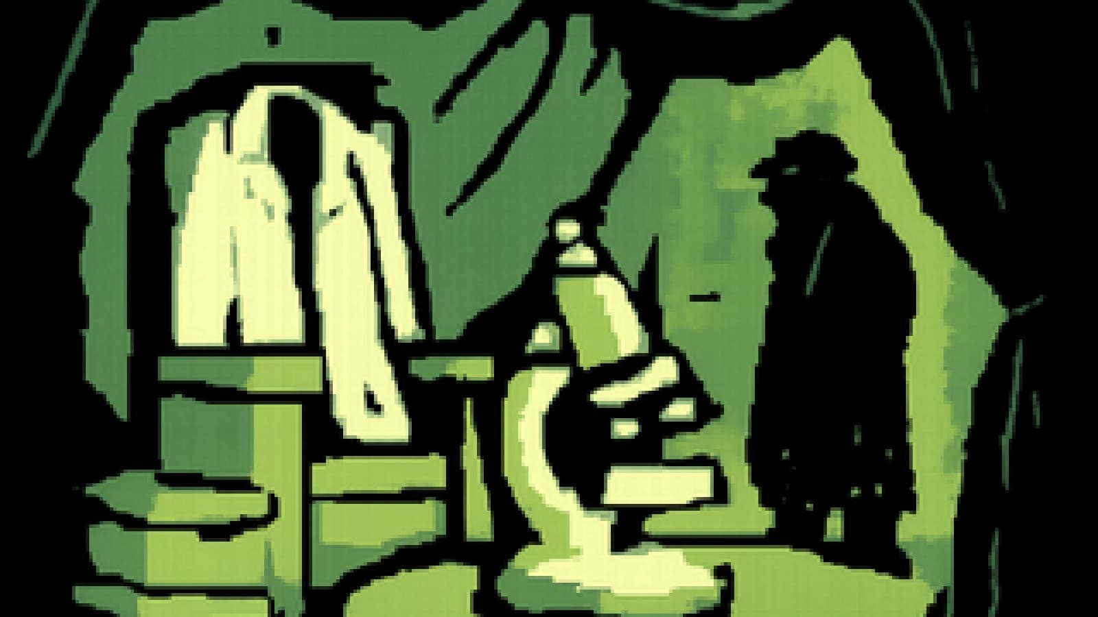 Pixel-art fortune teller's tent with a glowing microscope in place of a crystal ball and a lab coat on an evidence-box throne, while a trench-coated figure watches from a rainy alley