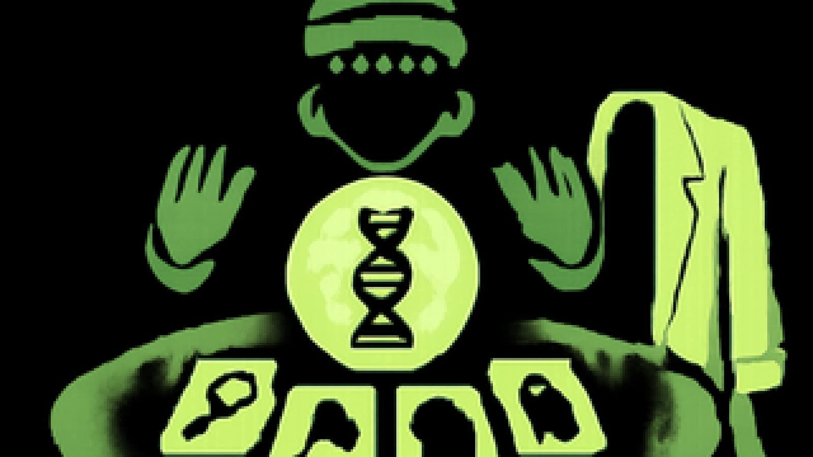 Fortune teller's table with a crystal ball holding a glowing DNA helix, detective-themed tarot cards spread around it and a lab coat draped over the chair