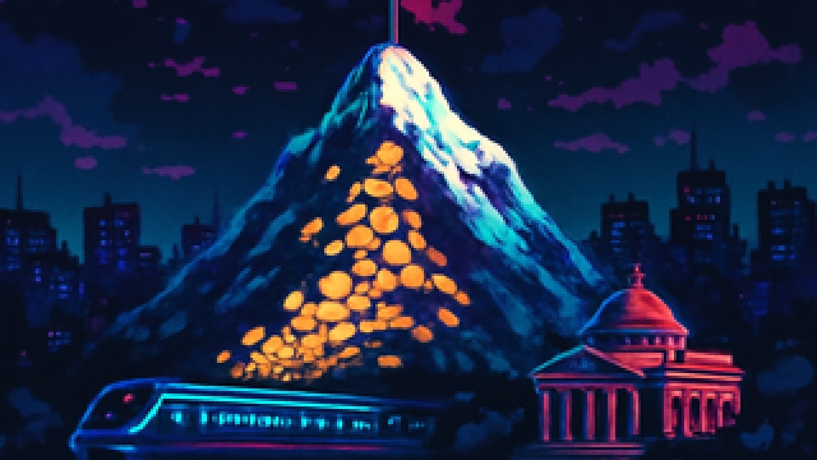 Pixel-art mountain with a flag at its summit and gold coins avalanching toward a train and a classical building in the valley.