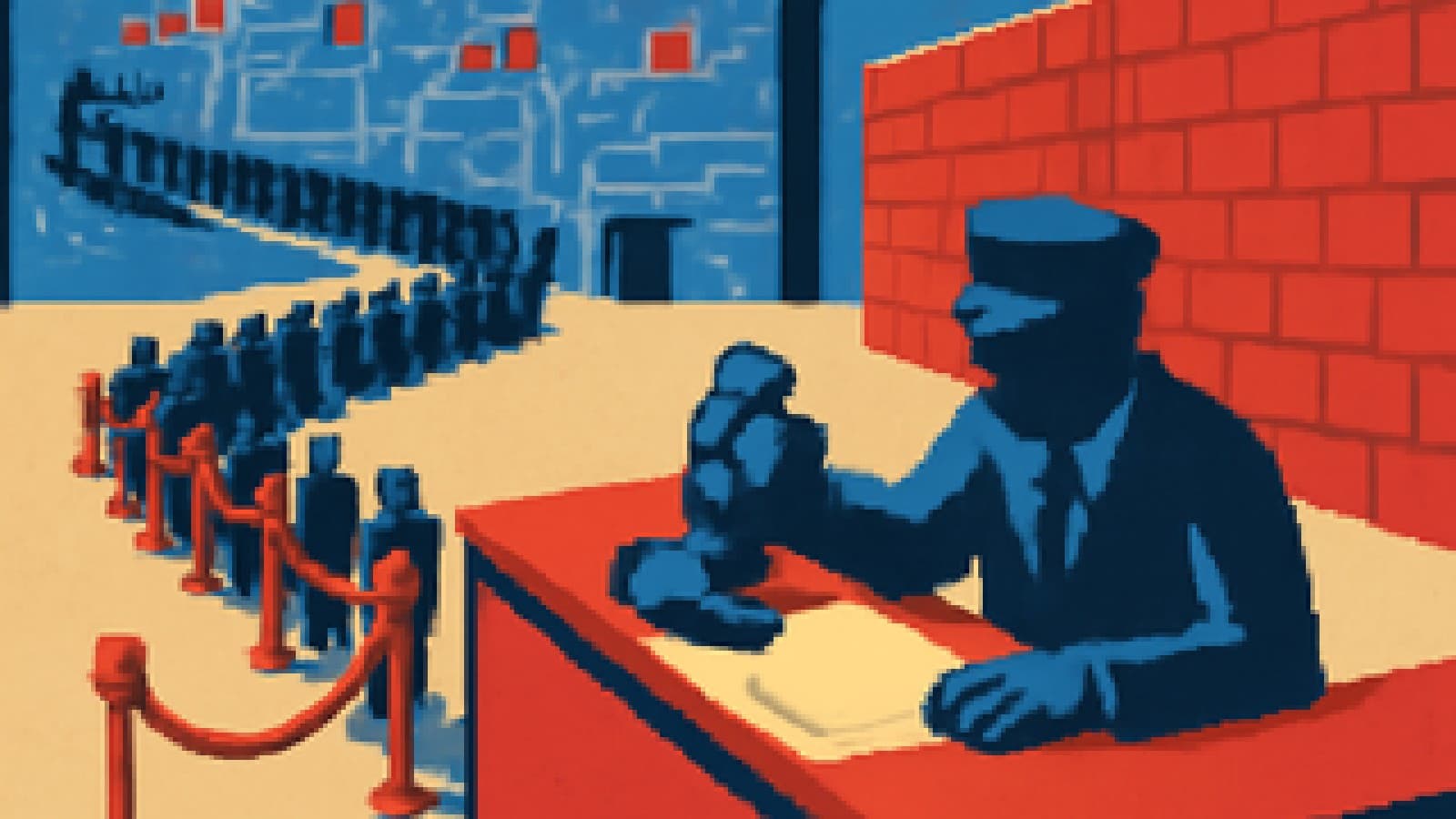 Pixel-art illustration of a long queue at a tiny service window while a new wall is built in the background.