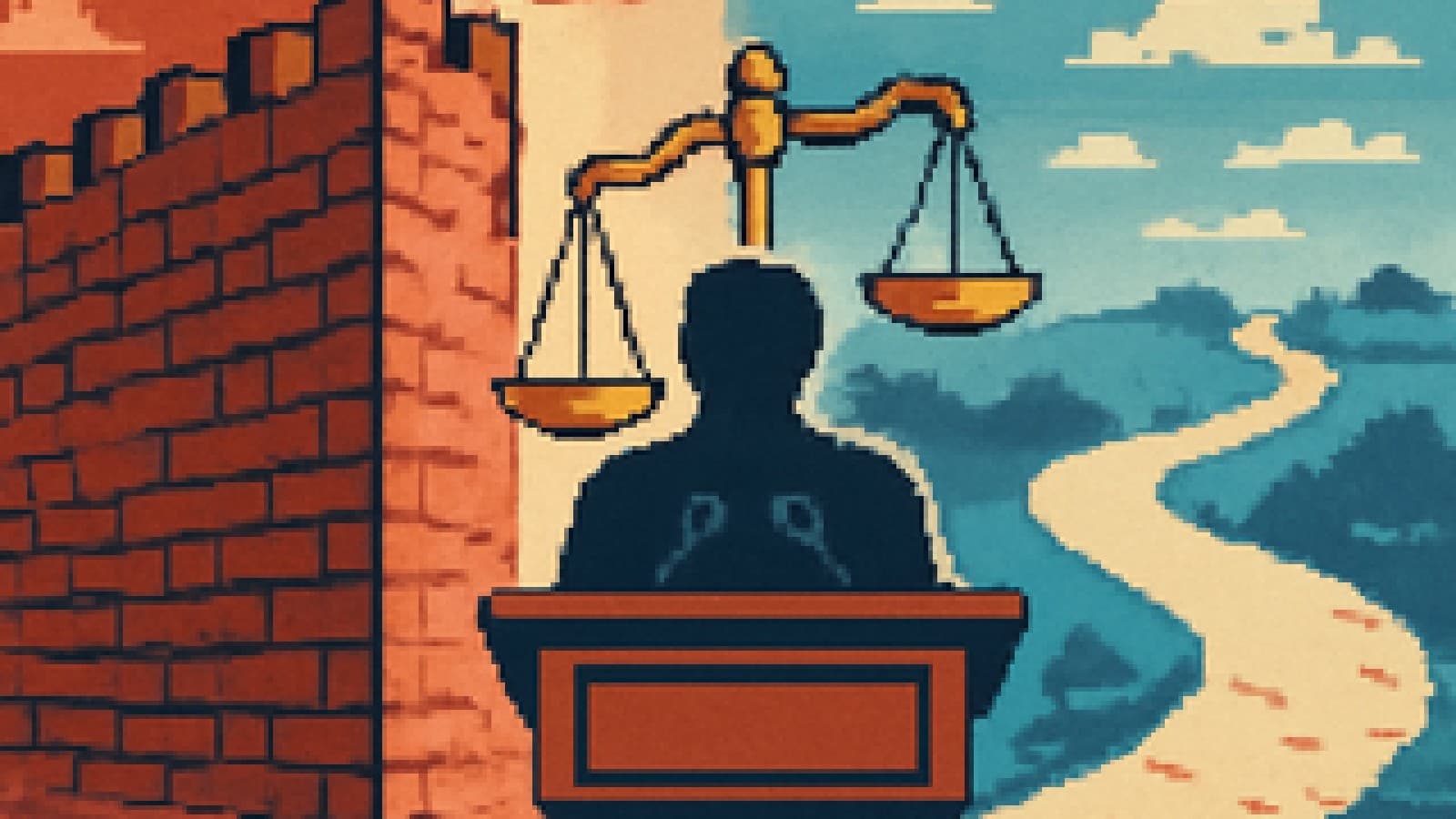Pixel-art podium between a border wall and an endless winding path, with tipped balancing scales on top.