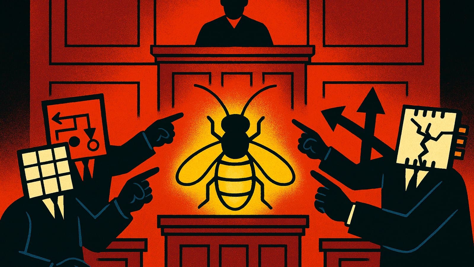 Illustrated courtroom with a glowing bug on trial as personified suspects like bad data and a broken flowchart blame each other